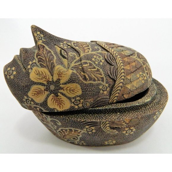 Poplier Batik Fabric Wood Mask Trinket Box Container Indonesian Eclectic - Picture 13 of 15
